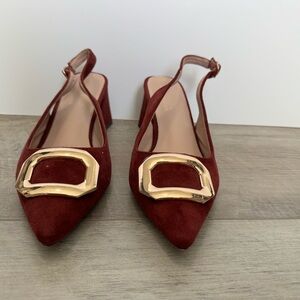 Catherine Malandrino Wine Red Pointed Slingback Heels with Gold Buckle